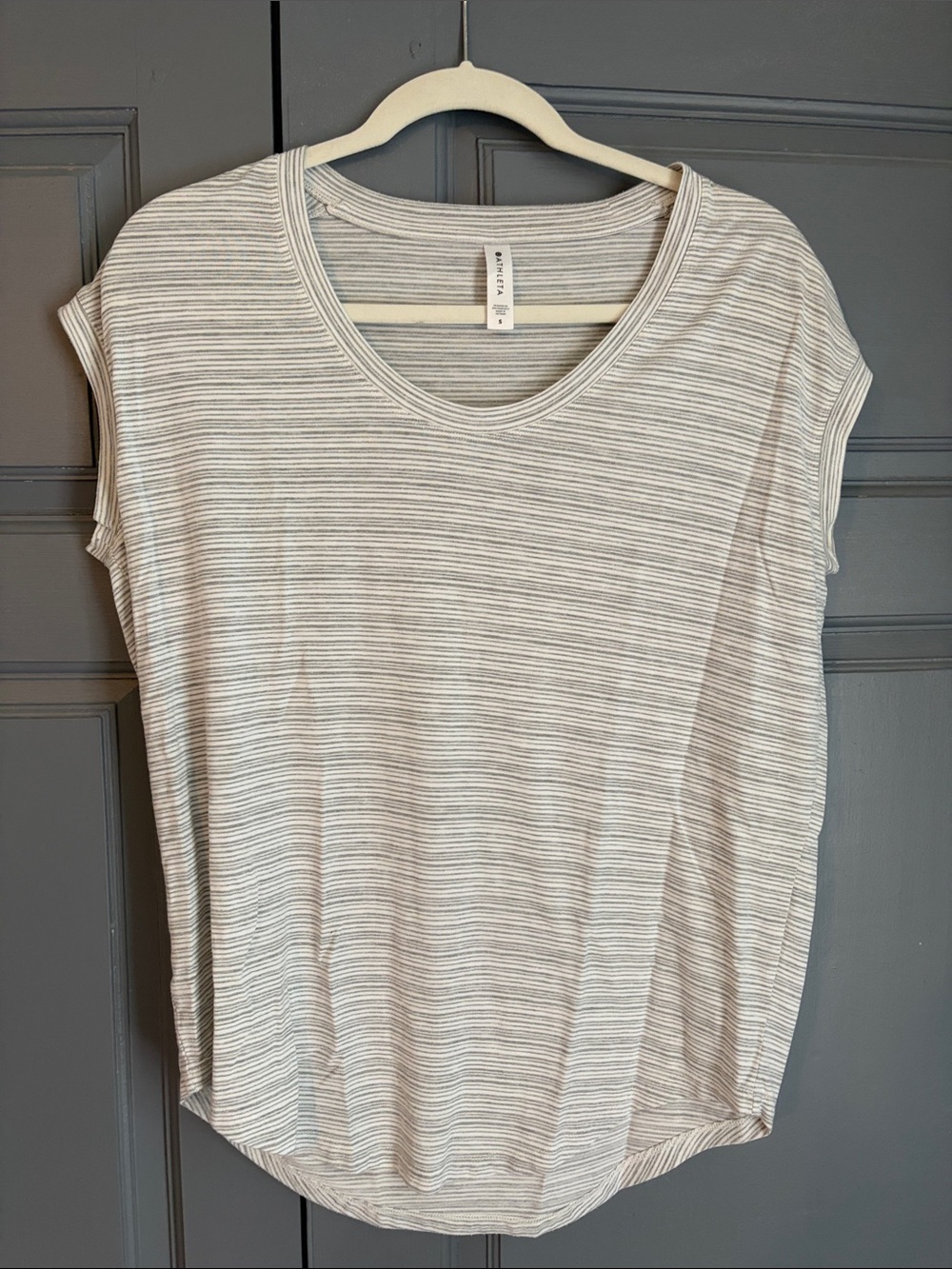 Athleta Light Gray & White Striped Short Sleeve Tee